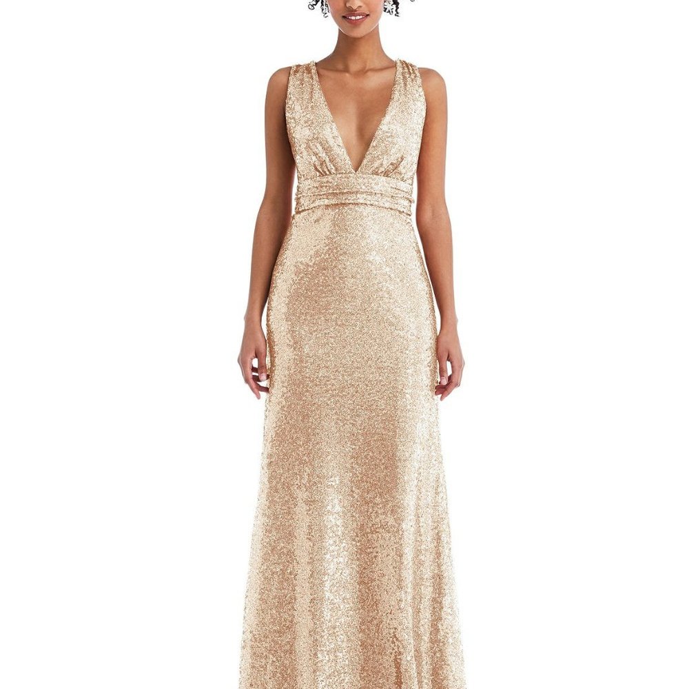 Open-Neck Criss Cross Back Sequin Maxi Dress..Dessy TH081...Rosegold...Size L